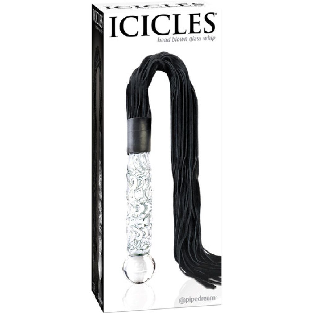 Verpackung mit Glasdildo und schwarzem Riemen. Marke: Icicles. Text: hand blown glass whip. Schwarzer Hintergrund.