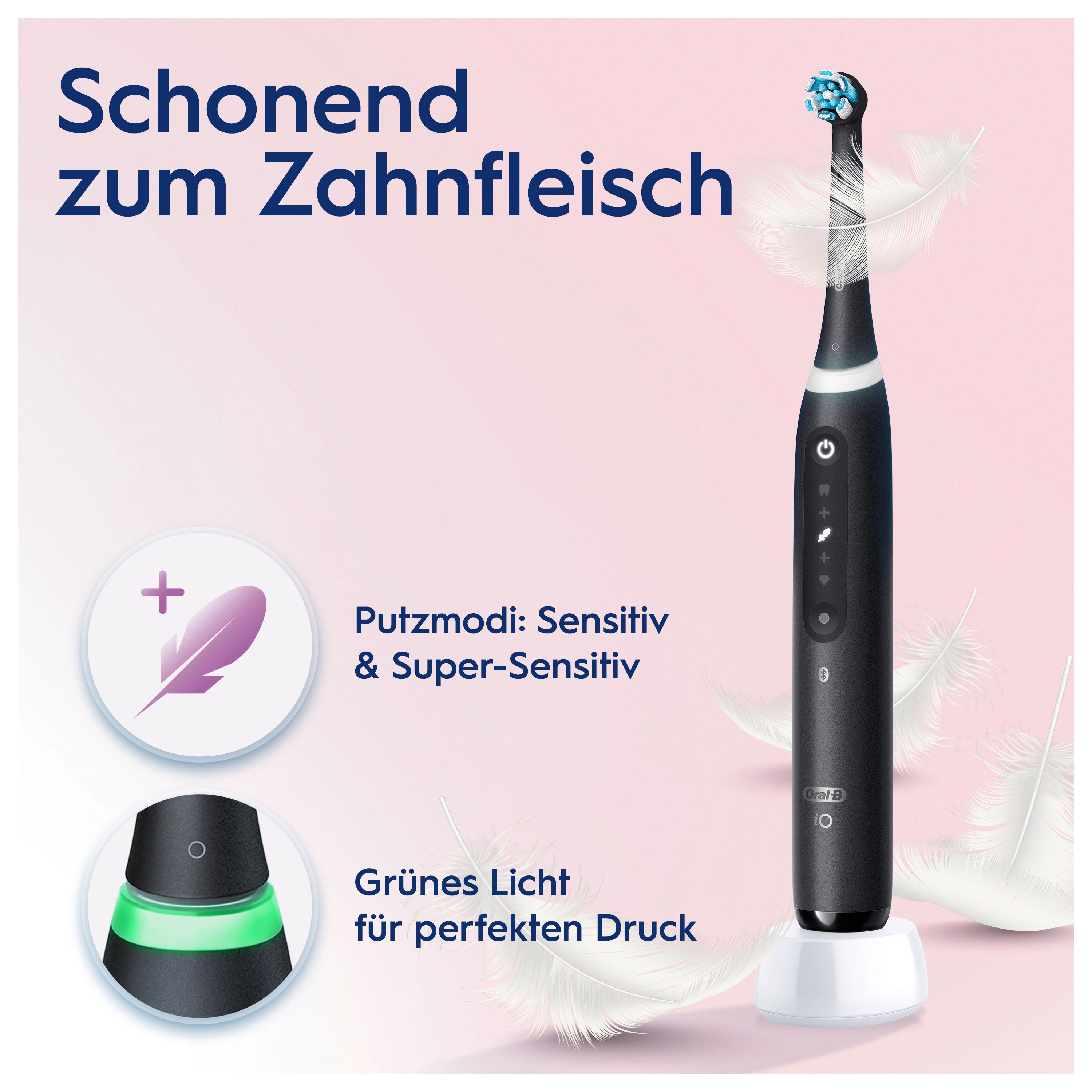 Schwarze elektrische Zahnbürste auf Ladestation. Text und Illustrationen. Grünes Licht, Federn.