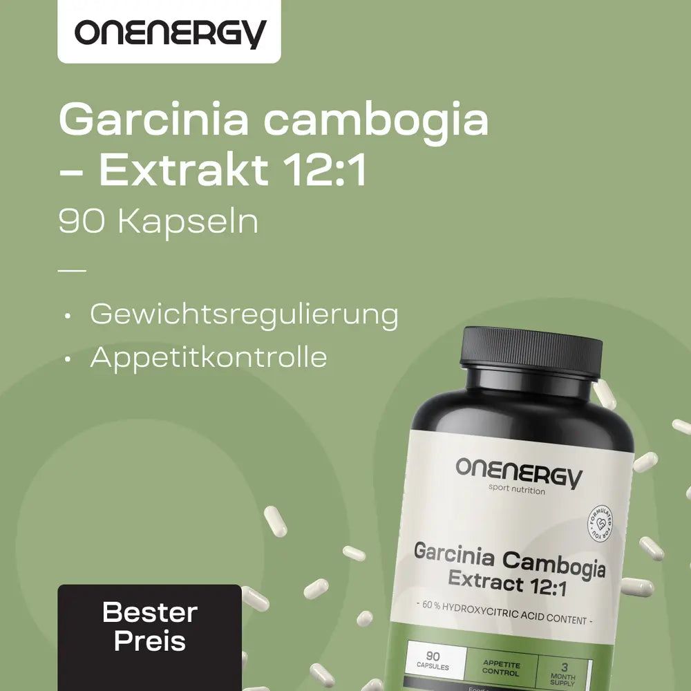 Flasche mit 90 Kapseln OnEnergy Garcinia Cambogia Extrakt 12:1, Gewichtsregulierung.