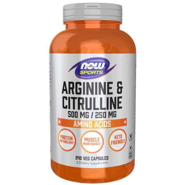 Orange Flasche mit Arginin & Citrulline Kapseln. 500 mg / 250 mg. Aminosäuren. 240 Veg-Kapseln.