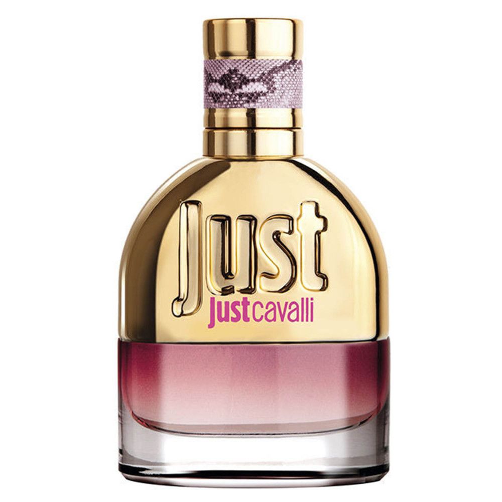 Parfümflakon mit goldfarbenem Verschluss und rosafarbenem Farbverlauf. Aufschrift "Just Justcavalli".