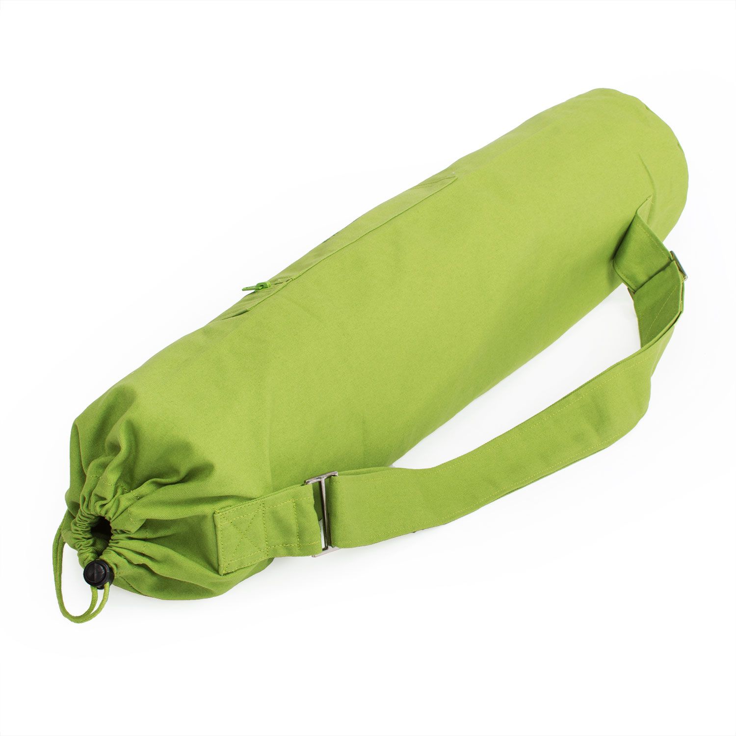 Grüne Baumwolltasche mit Schultergurt, Kordelzug und Reißverschluss. Marke: bodhi.
