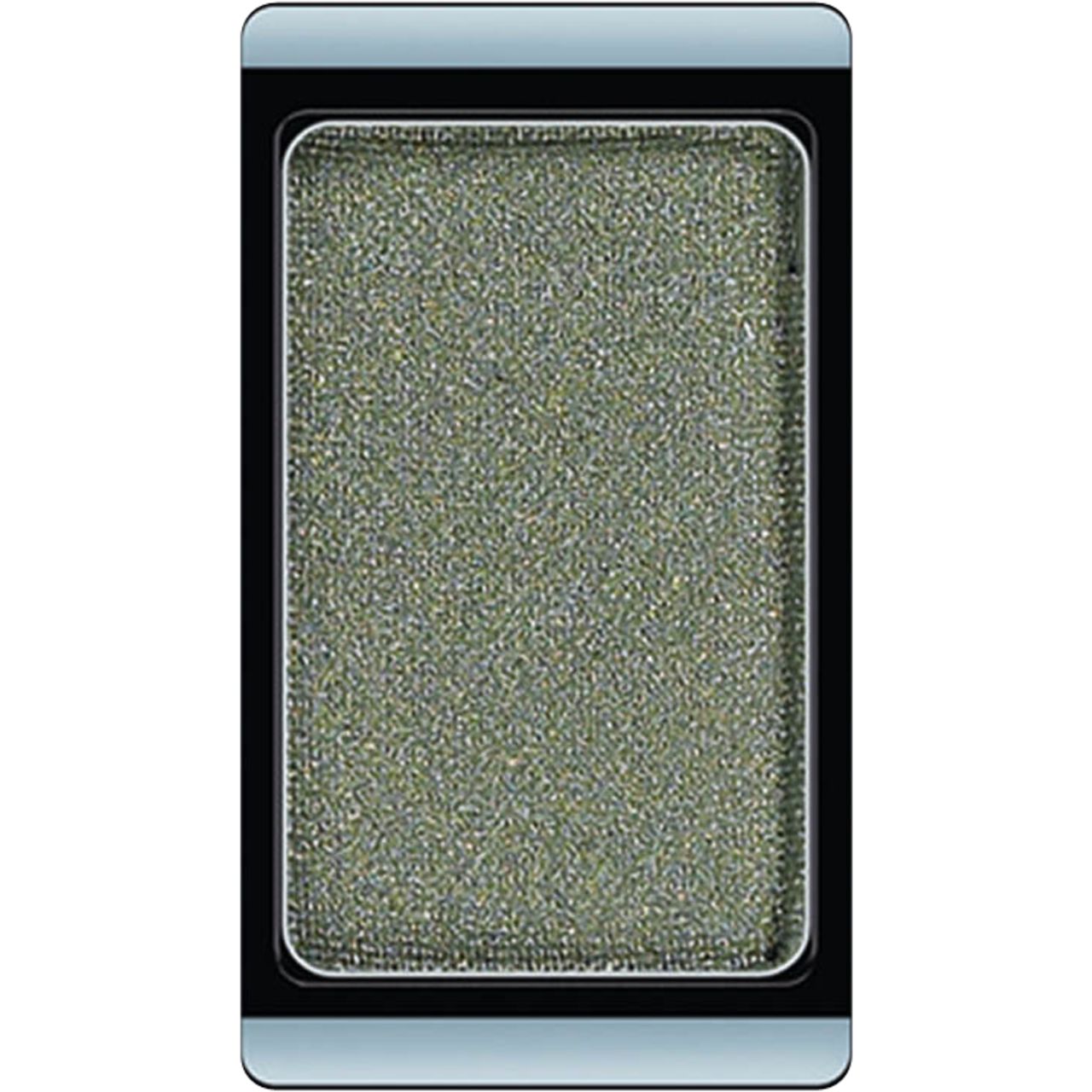 Lidschatten in rechteckiger Form. Farbe: Grün mit Glitzer. Schwarzer Rahmen mit silberner Oberseite.