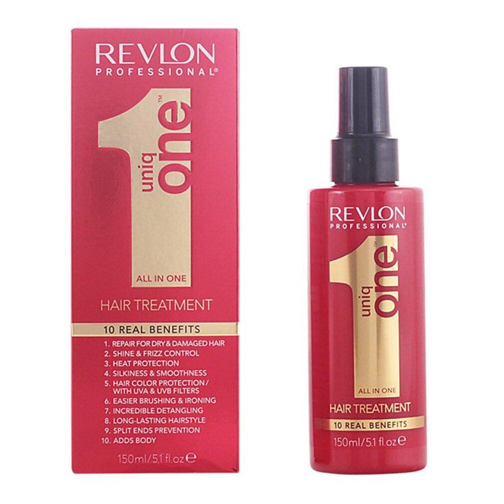 Rote Flasche und Verpackung von Revlon Uniq One. Aufschrift: All in One Hair Treatment. 10 Vorteile. Sprühkopf.