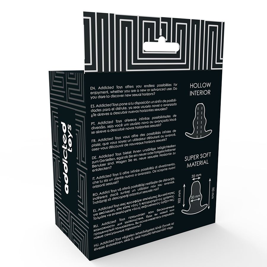 Rückseite der Verpackung. Text in mehreren Sprachen. Illustrationen des Produkts und Maße.