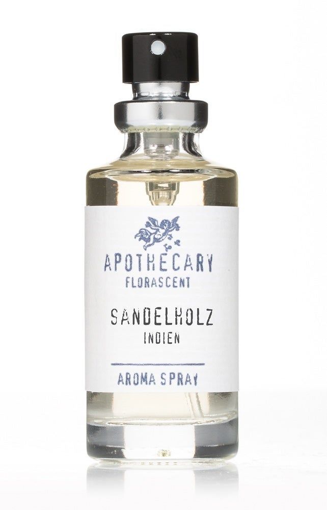 Aromaspray-Flasche mit schwarzem Sprühkopf. Aufschrift: Apothecary Florascent, Sandelholz Indien, Aroma Spray.