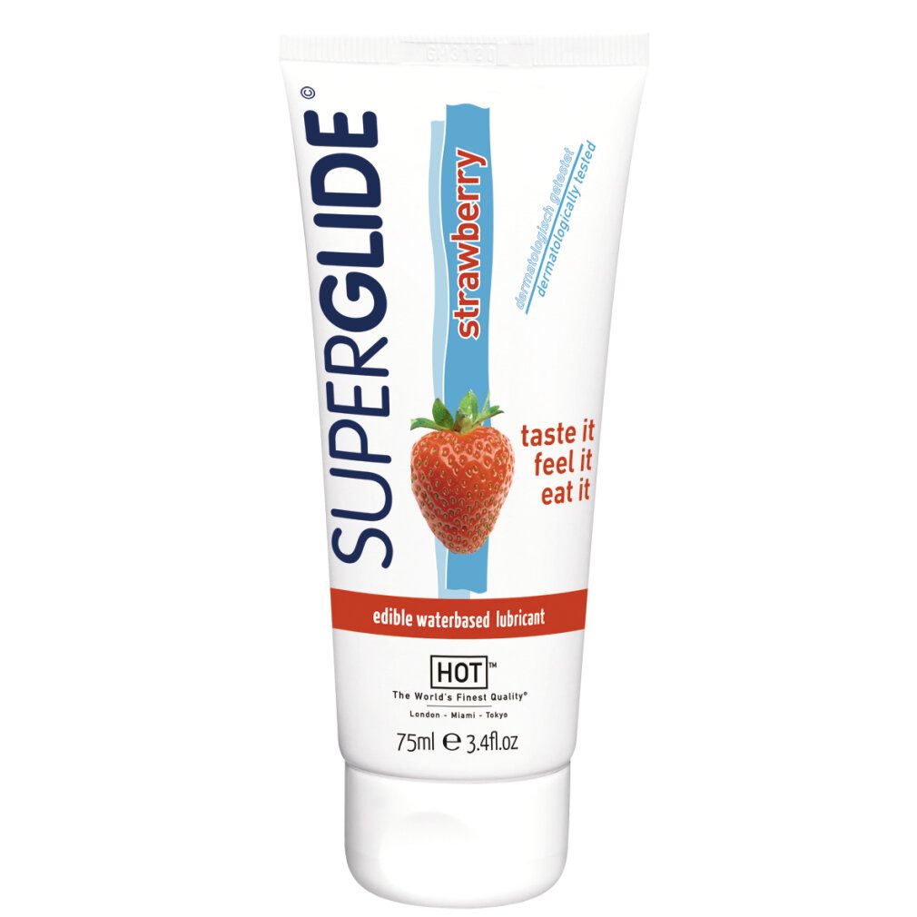 Tube mit HOT Superglide Erdbeer-Gleitmittel. 75ml. Dermatologisch getestet. "Taste it feel it eat it".