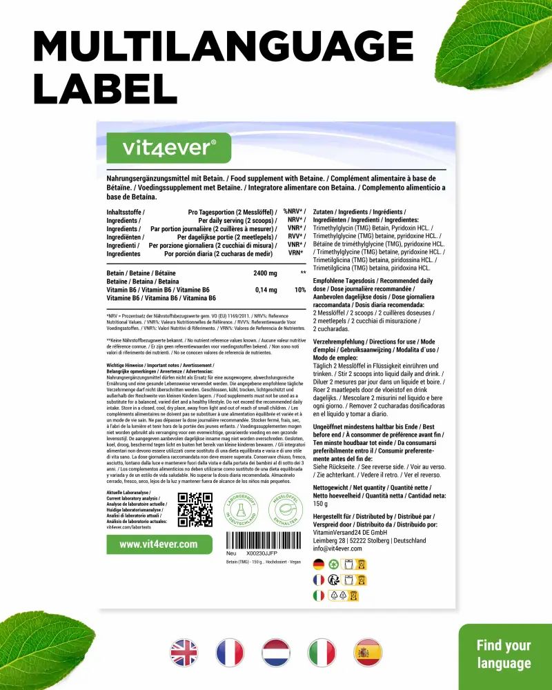 Mehrsprachiges Etikett mit Informationen. Marke: vit4ever. Text: Nahrungsergänzungsmittel mit Betain. Inhaltsstoffe, Dosierung.