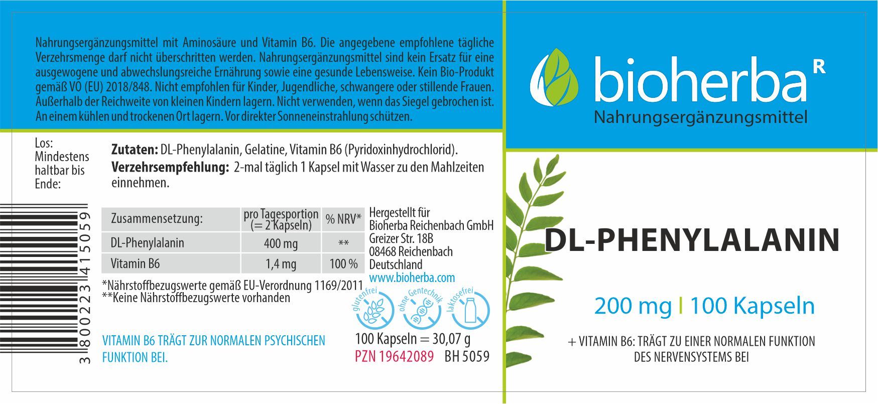 Etikett mit Produktinformationen. Enthält DL-Phenylalanin, Vitamin B6. Text: Bioherba, DL-Phenylalanin, 200 mg, 100 Kapseln.