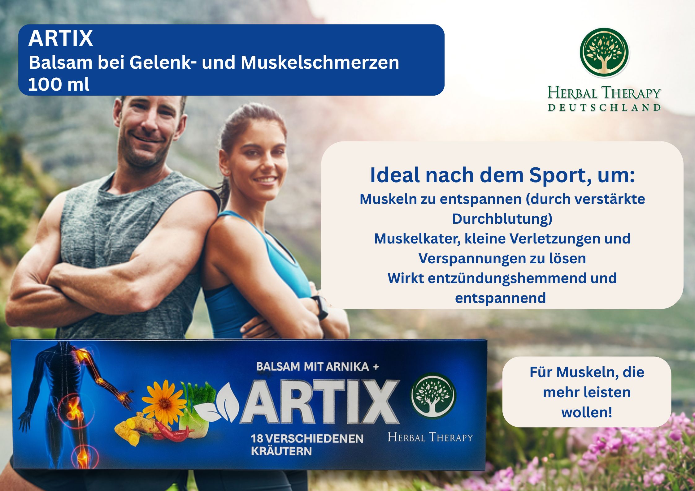 Werbefoto. Mann und Frau. Tube und Schachtel mit Aufschrift ARTIX. Text: Balsam bei Gelenk- und Muskelschmerzen.