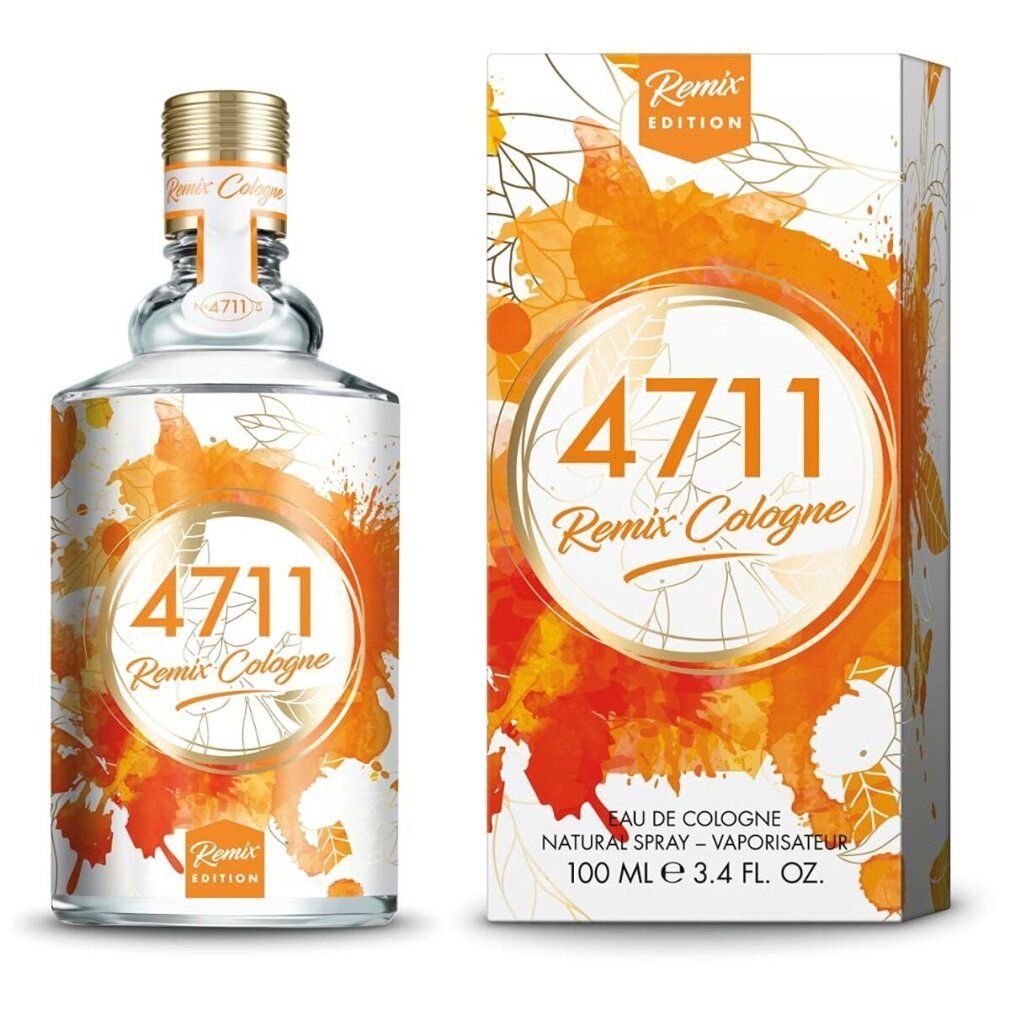 Glasflakon und Verpackung. Aufdruck: 4711 Remix Cologne, Limited Edition. Orangefarbene Farbkleckse auf weißem Hintergrund. Mit Sprühfunktion.
