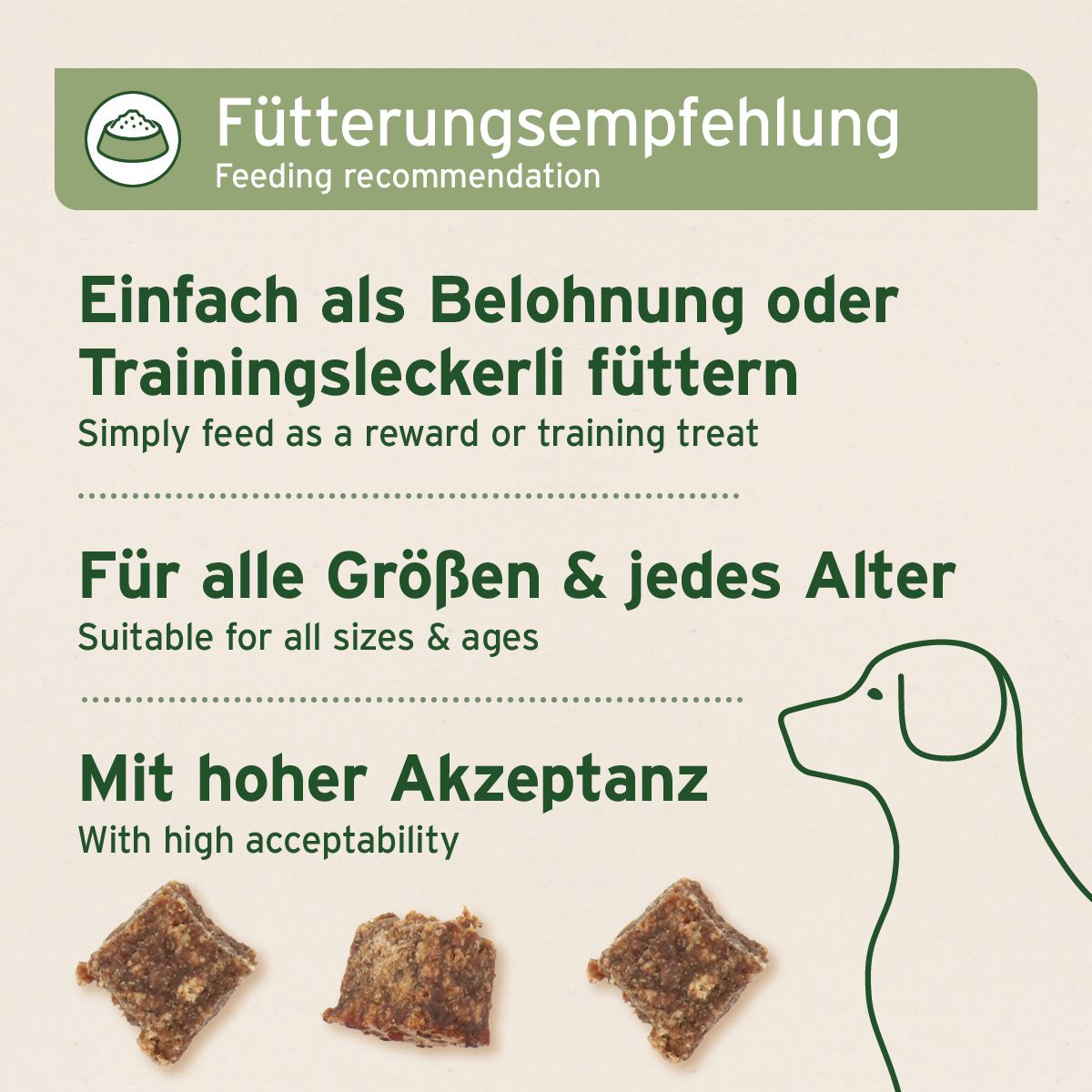 Grüner Hintergrund mit Text. Fütterungsempfehlung. Geeignet für alle Größen und jedes Alter. Hohe Akzeptanz.