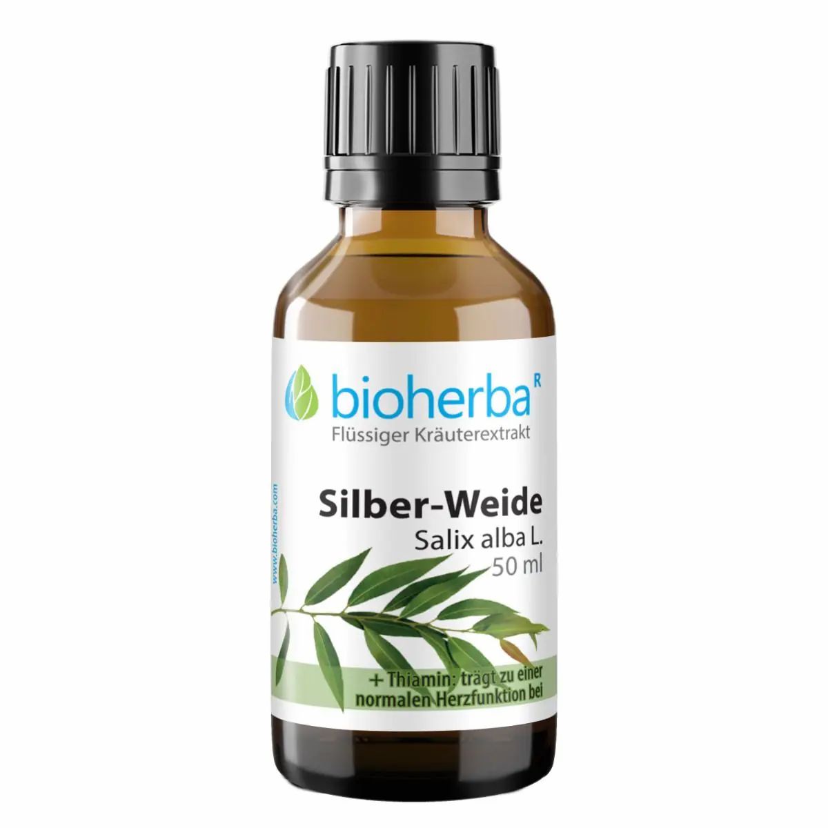 Braune Glasflasche mit schwarzem Deckel. Etikett mit Produktnamen, Logo und Blättern. Text: Silber-Weide, Salix alba L.