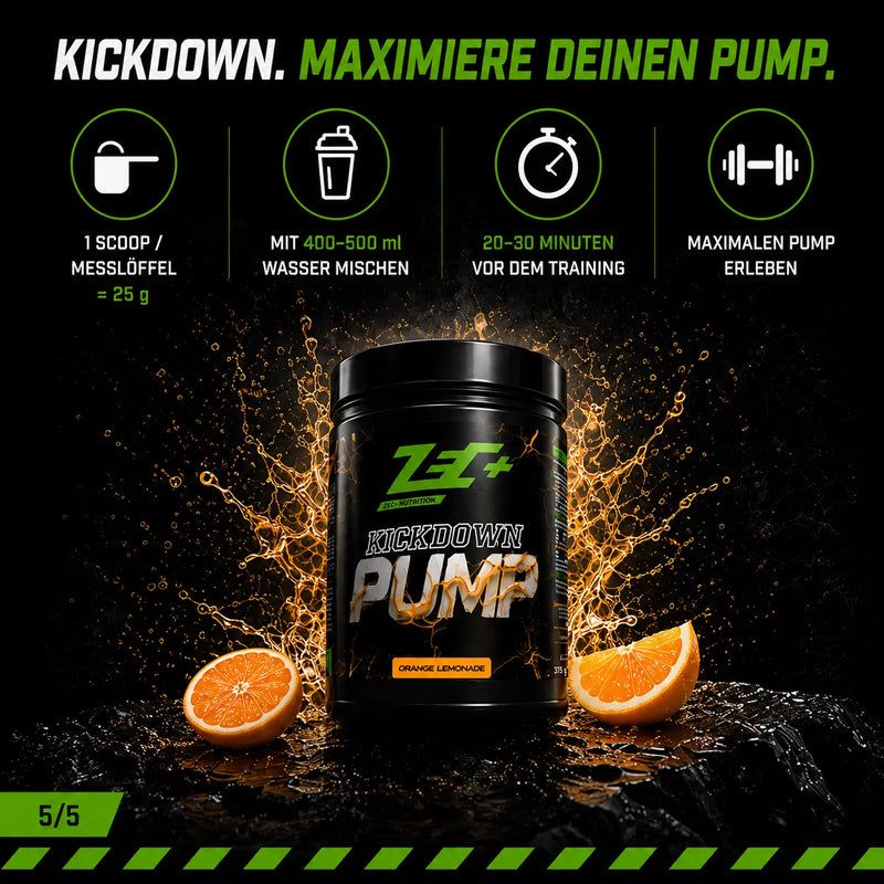 ZEC+ KICKDOWN PUMP Dose mit Orangen- und Zitronenscheiben, Zubereitungshinweise.