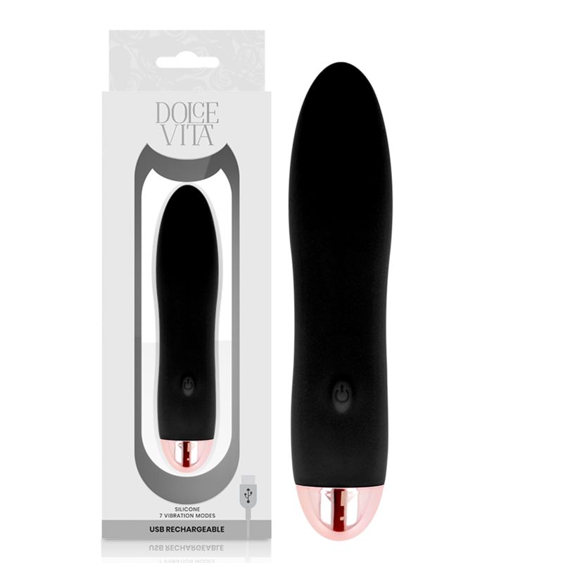Schwarzer Silikon-Vibrator in Verpackung. USB aufladbar, 7 Vibrationsmodi.