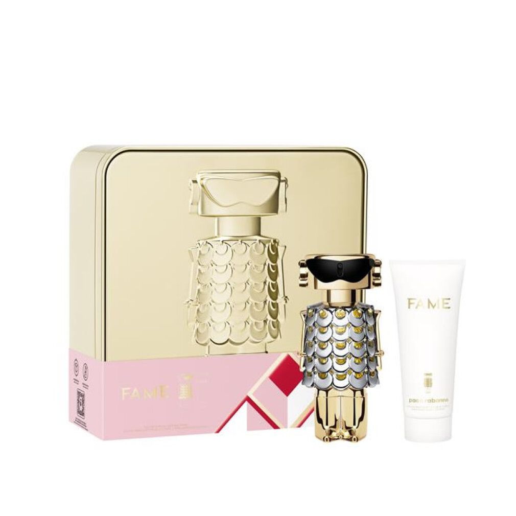 Geschenkset mit goldfarbener Dose, Parfümflakon und Tube. Flakon in Roboterform mit silbernen Schuppen. Rosa Akzente.
