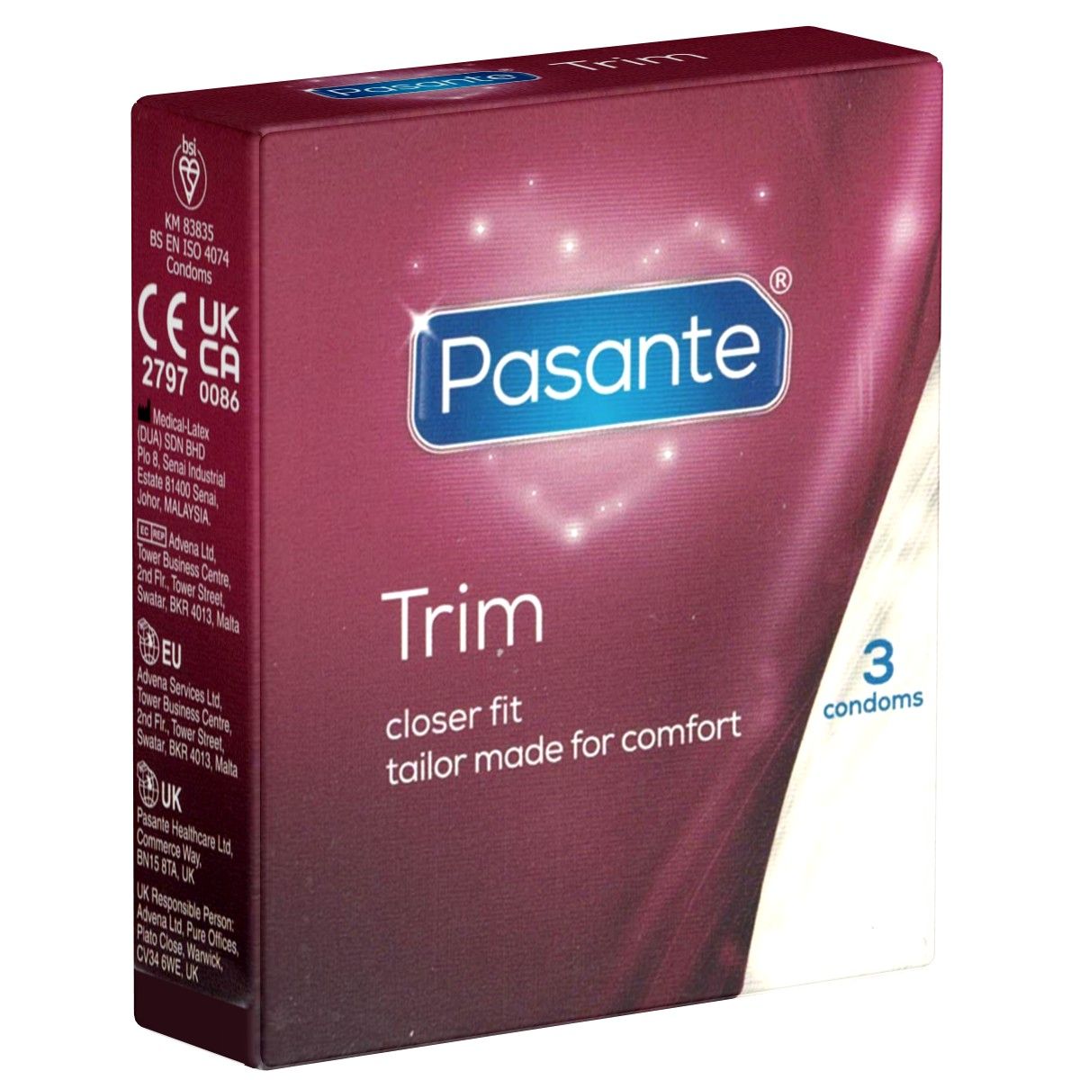 Pasante Trim Kondom-Packung. Enthält 3 Kondome. Aufschrift: closer fit, tailor made for comfort. CE-Kennzeichnung.