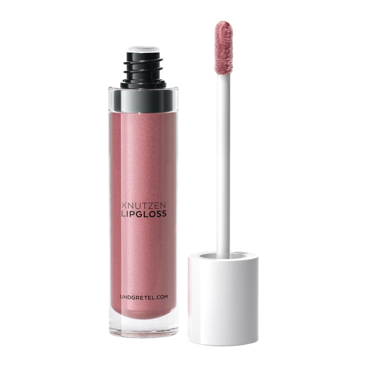 Lipgloss mit Applikator. Farbton: Rosa. Aufschrift: KNUTZEN LIPGLOSS. Marke: UND GRETEL. Flasche aus Glas.