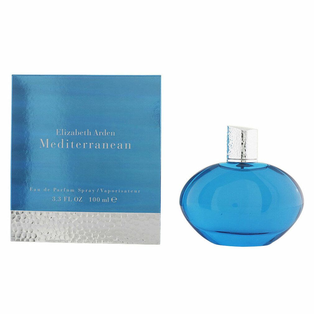Blauer Flakon und Verpackung. Aufschrift: Elizabeth Arden Mediterranean.