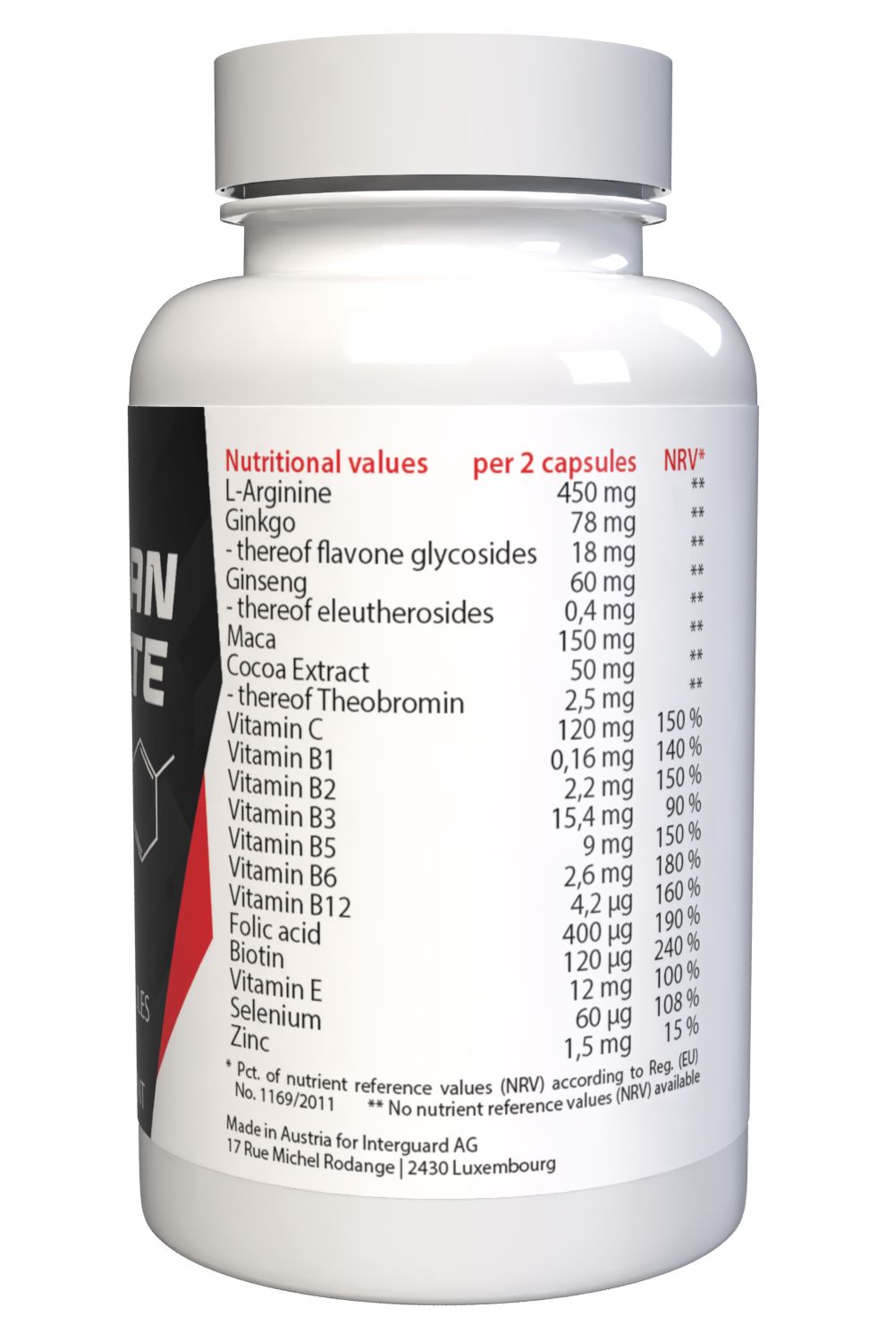 Rückseite einer weißen Flasche. Text: Nährwerte pro 2 Kapseln, NRV. Hergestellt in Österreich. Etikett mit rotem Akzent.