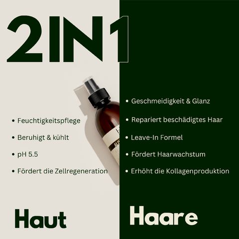 Text: 2in1. Haut: Feuchtigkeitspflege, beruhigt, pH 5.5, Zellregeneration. Haare: Geschmeidigkeit, repariert, Leave-In, Haarwachstum, Kollagen.
