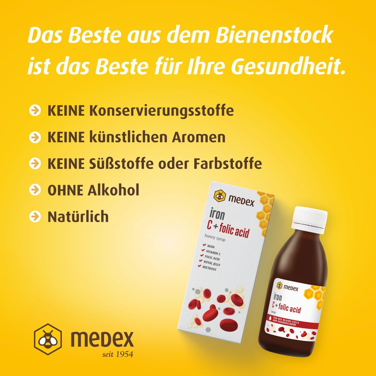 Gelber Hintergrund. Text: Das Beste aus dem Bienenstock ist das Beste für Ihre Gesundheit. Medex seit 1954. Flasche und Schachtel.