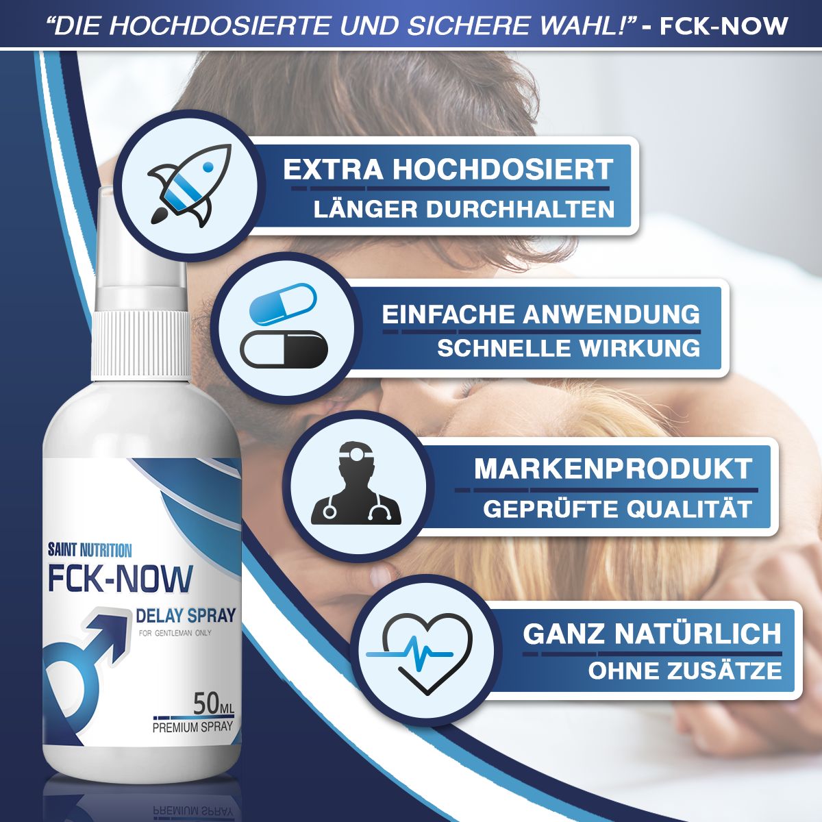 Produkt mit Text und Icons. Text: EXTRA HOCHDOSIERT, EINFACHE ANWENDUNG, MARKENPRODUKT, GANZ NATÜRLICH. Hintergrund: verschwommene Szene.