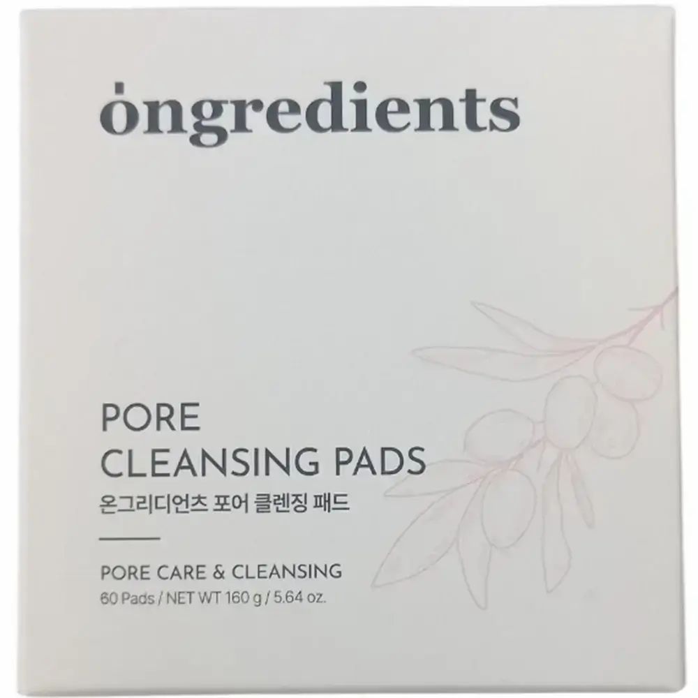 Weiße quadratische Verpackung. Aufschrift: Ongredients, Pore Cleansing Pads. Illustration: Olivenzweig.