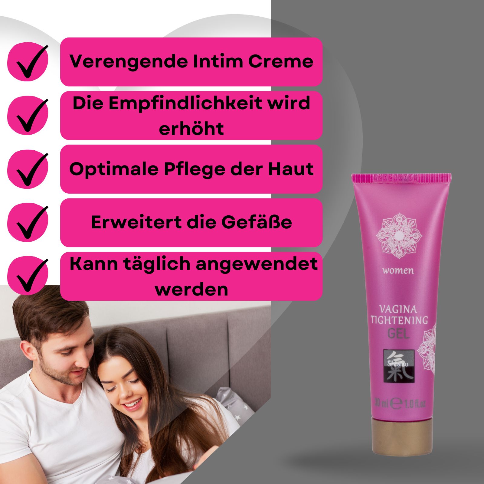 Produktverpackung und Tube. Aufschrift: Vagina Tightening Gel, Shiatsu. Für Frauen. Hintergrund: Paar.