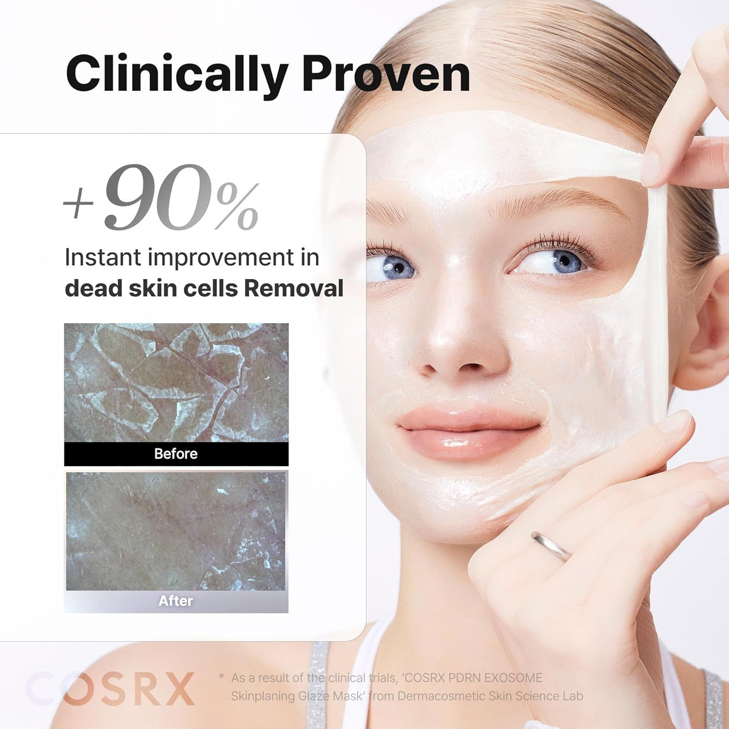 Frau entfernt PDRN Exosome Skinplaning Glaze Mask. Sofortige Verbesserung der Hautzellenentfernung.