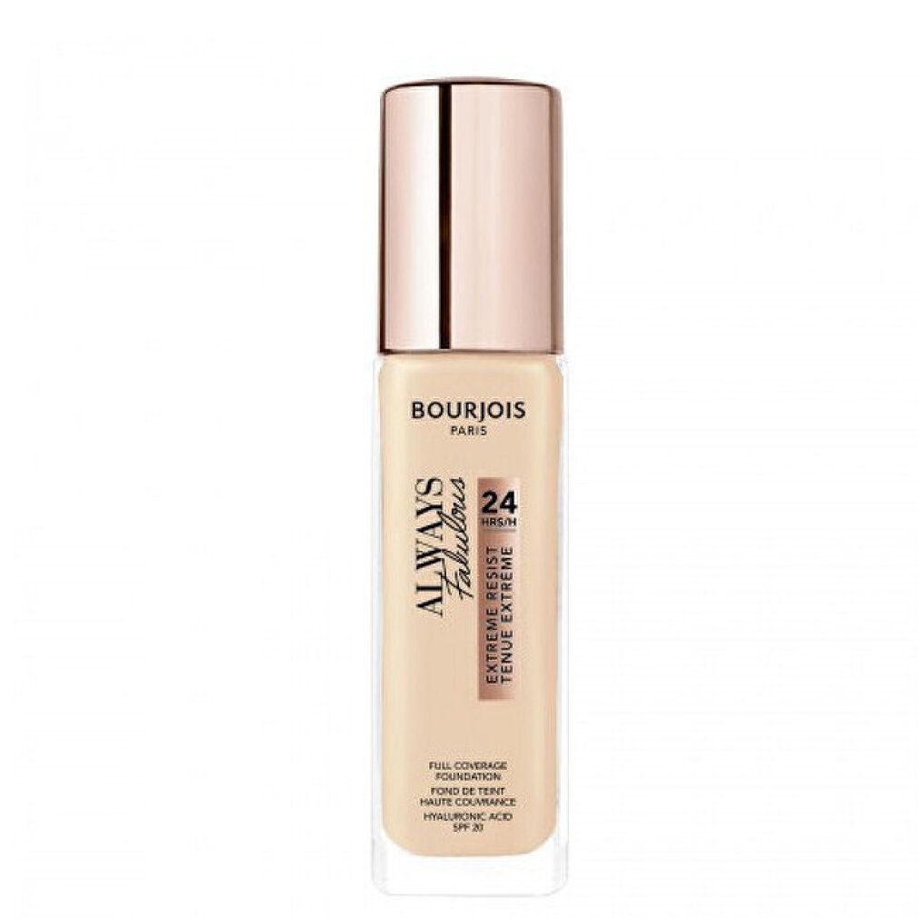 Bourjois Always Fabulous Foundation. Beige Farbton. Flasche mit rosafarbenem Deckel. Text: Always Fabulous, 24H, Extreme Resist, SPF 20.