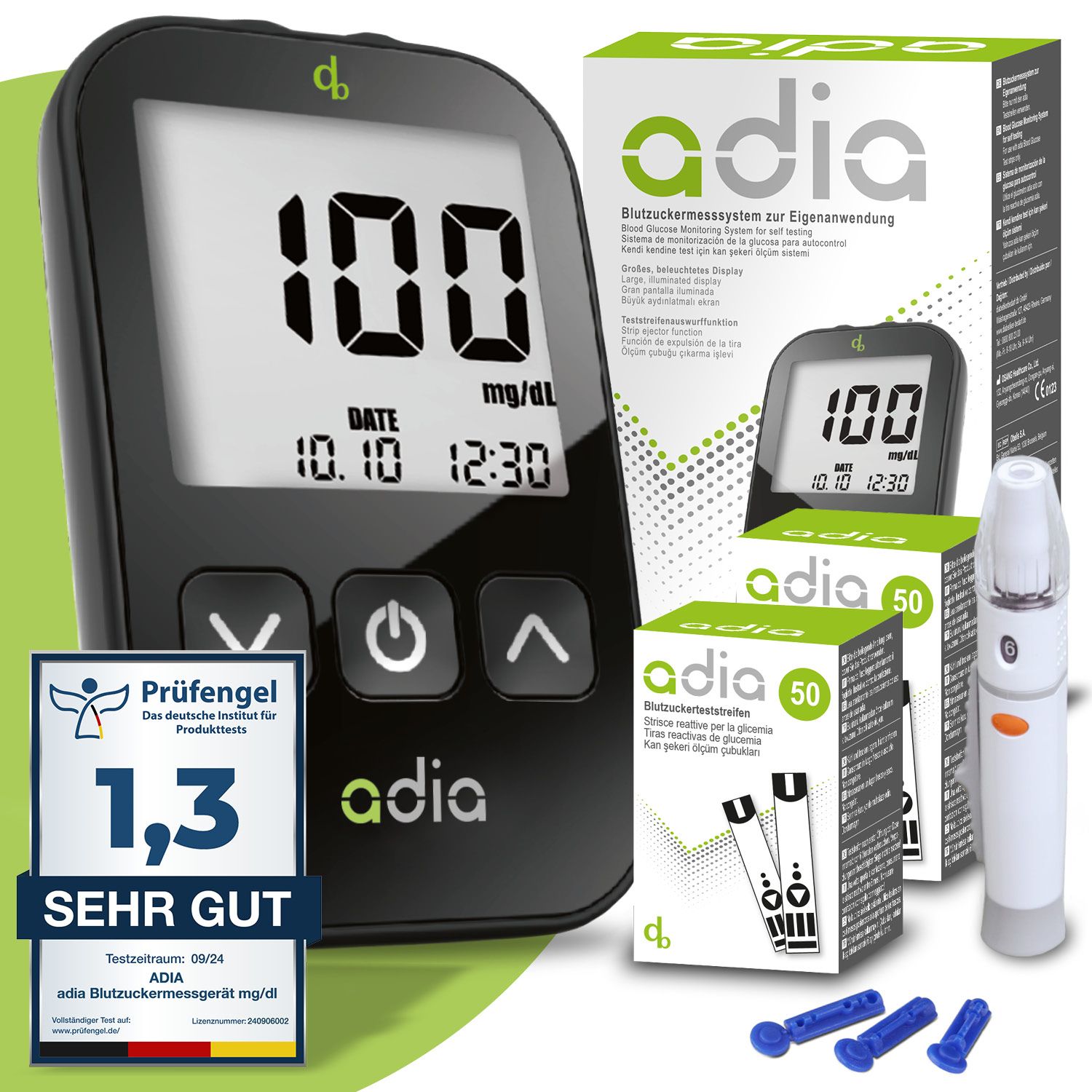 adia Diabetes-Set: Blutzuckermessgerät (mg/dl) mit 110 Blutzuckerteststreifen