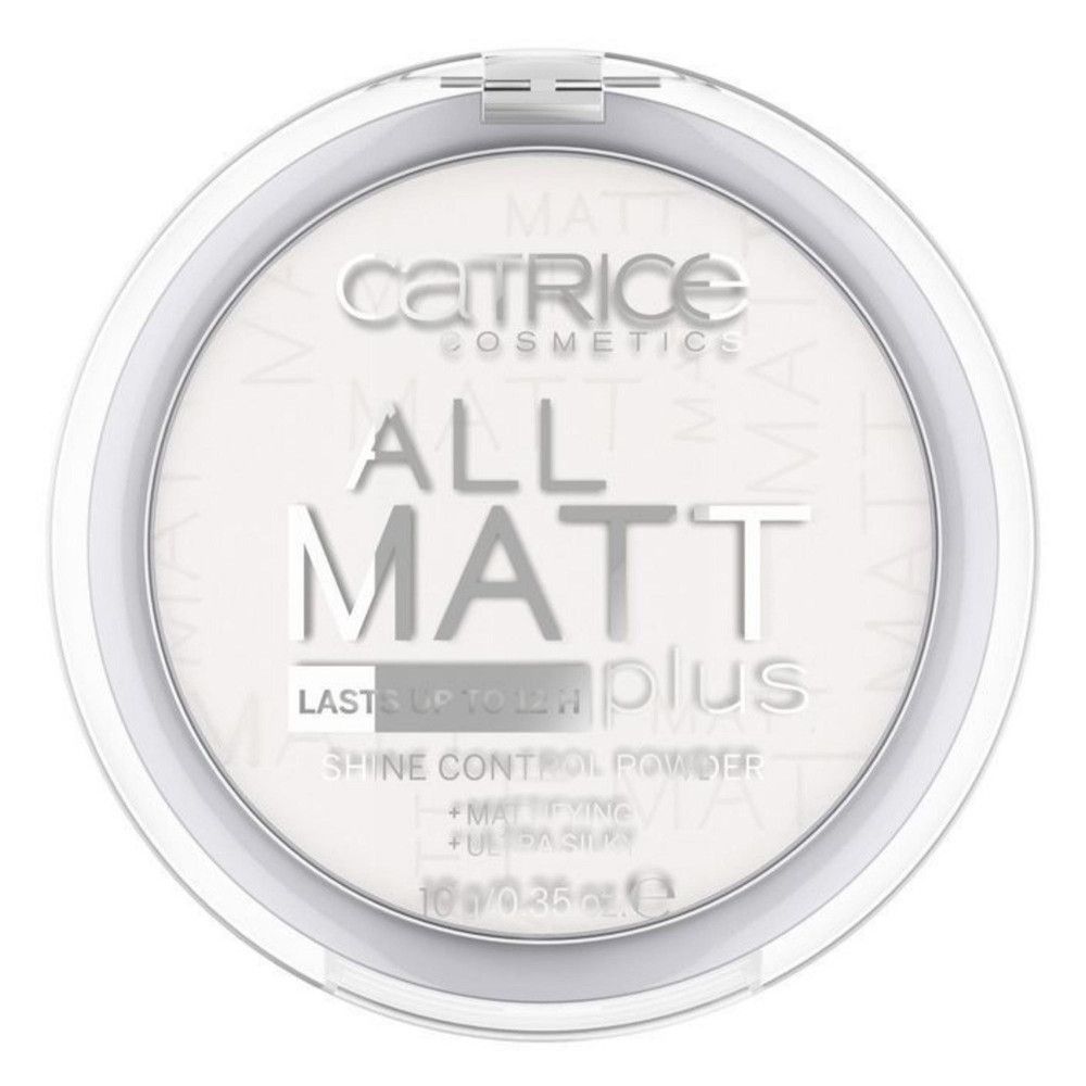 Runder, weißer Puderbehälter mit durchsichtigem Deckel. Aufschrift: Catrice, All Matt Plus, Shine Control Powder.