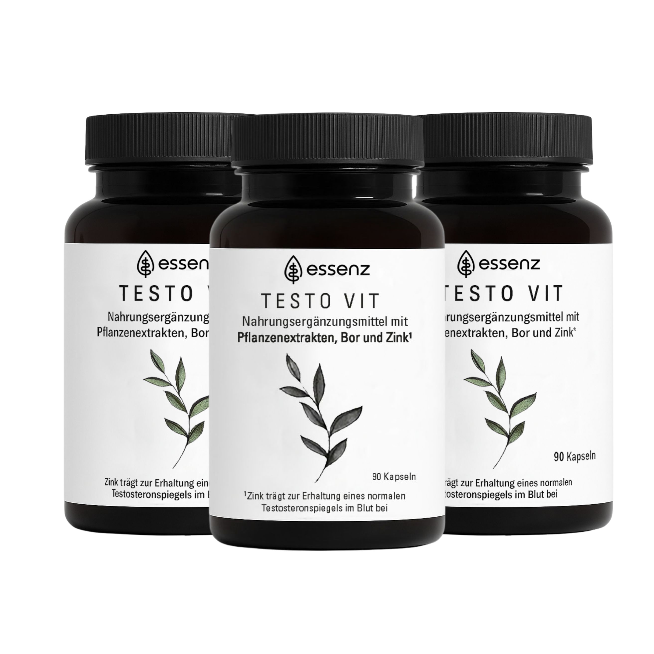 Drei Flaschen ESSENZ Testo Vit Kapseln. Aufschrift: Nahrungsergänzungsmittel mit Pflanzenextrakten, Bor und Zink. 90 Kapseln.