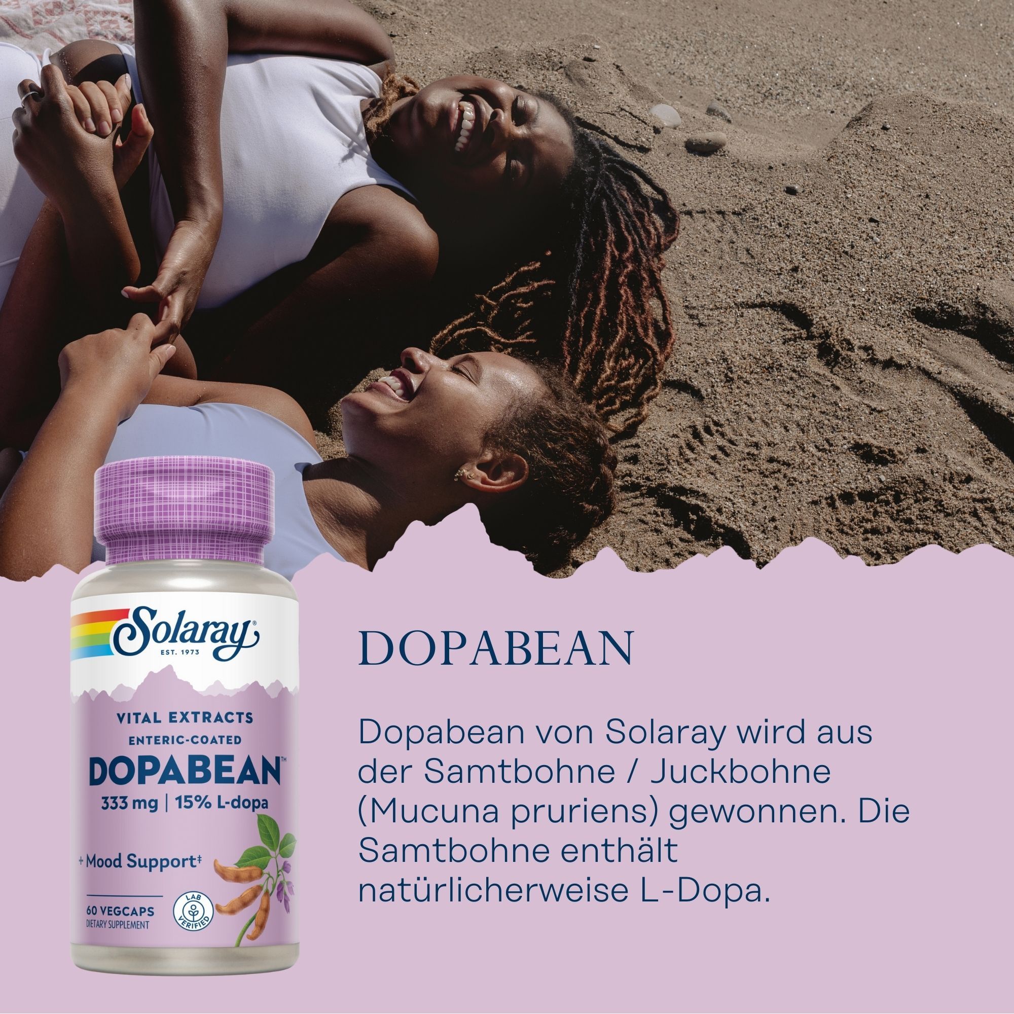 Solaray DopaBean-Flasche mit lila Deckel. Aufschrift: DopaBean, 333 mg, 15% L-dopa. Enthält 60 Vegicaps. Hintergrund: zwei lachende Frauen.