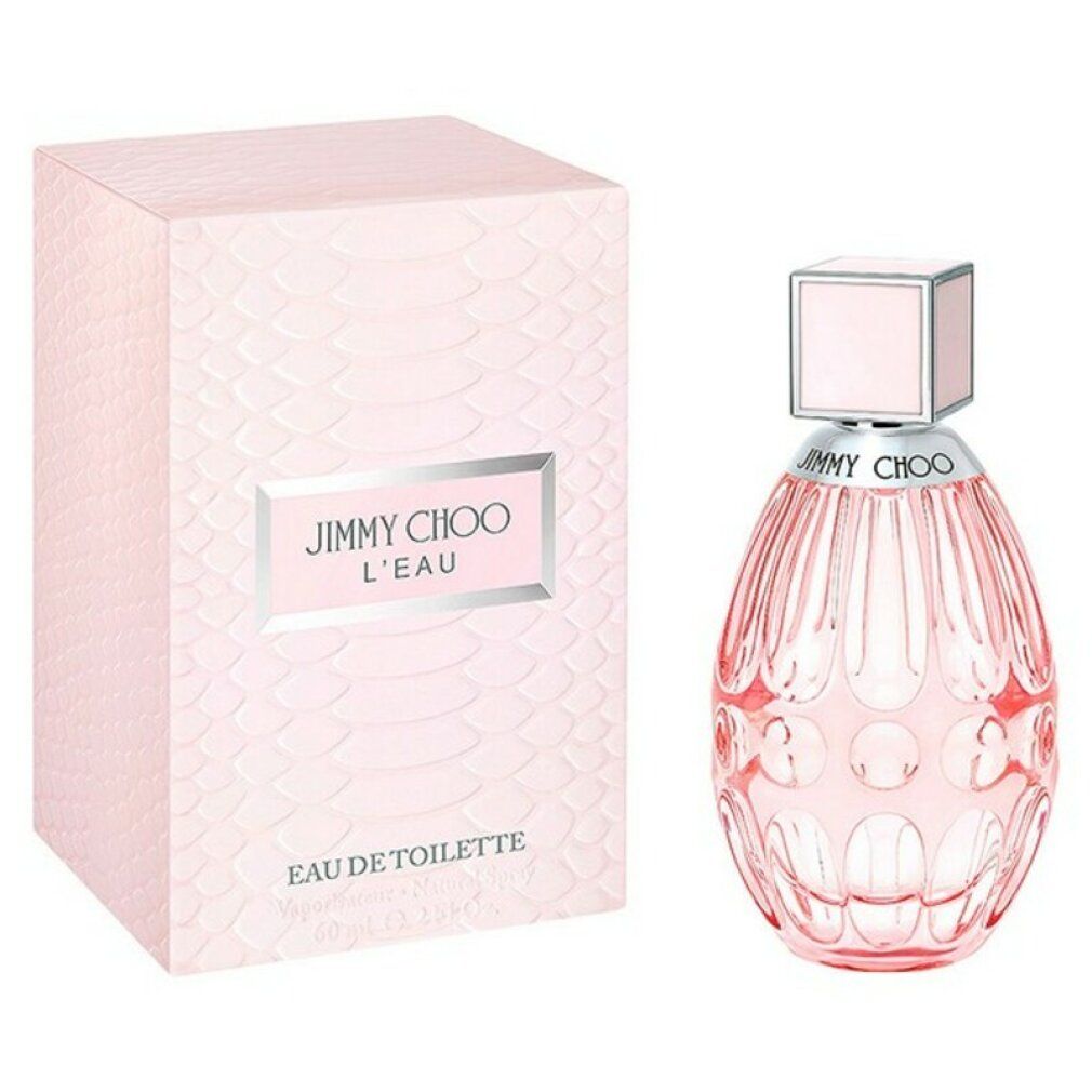 Jimmy Choo L'Eau Eau de Toilette, Flakon und Verpackung. Rosa Flakon, weiße Schachtel mit Logo.