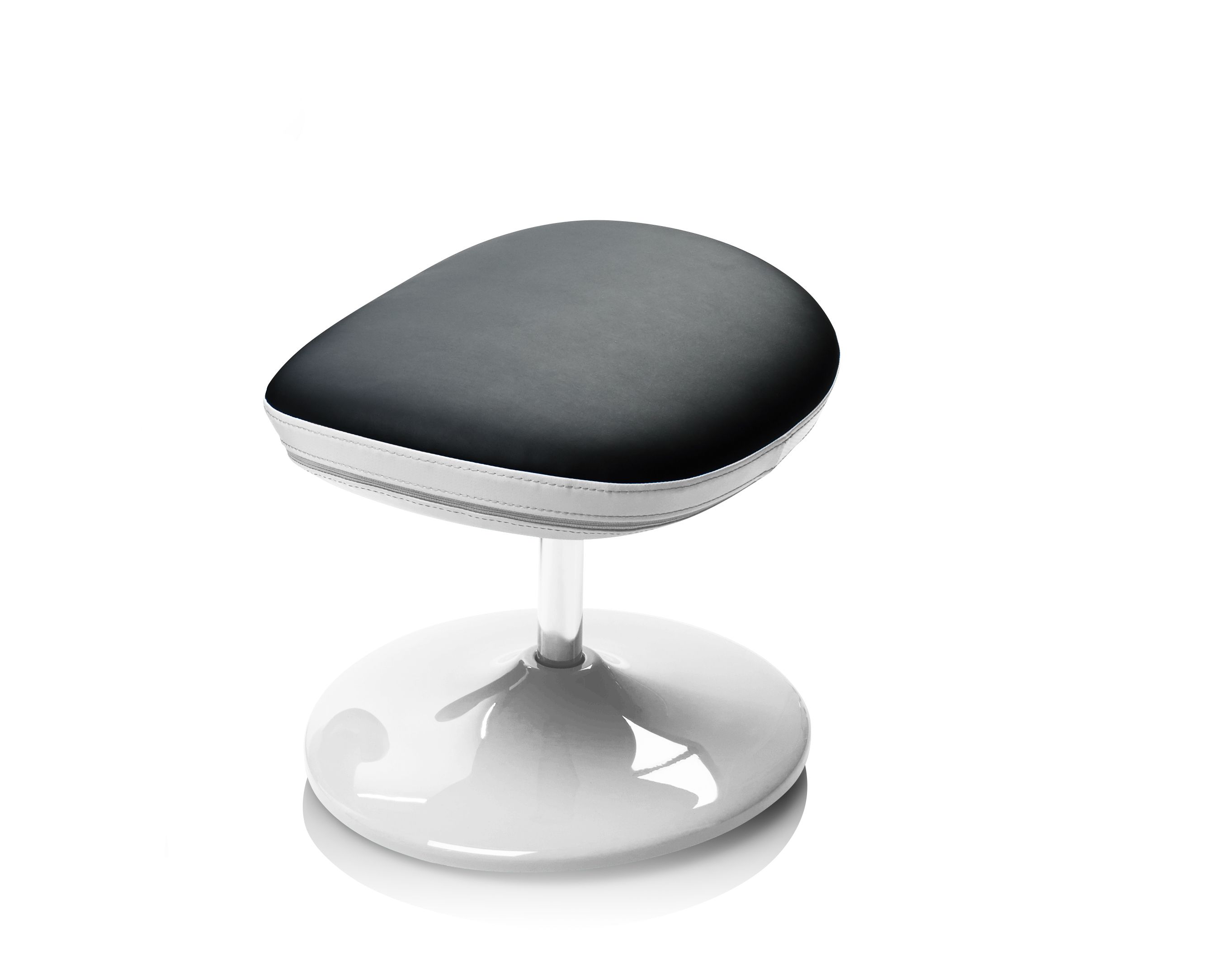 Ergonomischer Hocker mit gepolsterter, dunkler Sitzfläche und weißem Sockel.