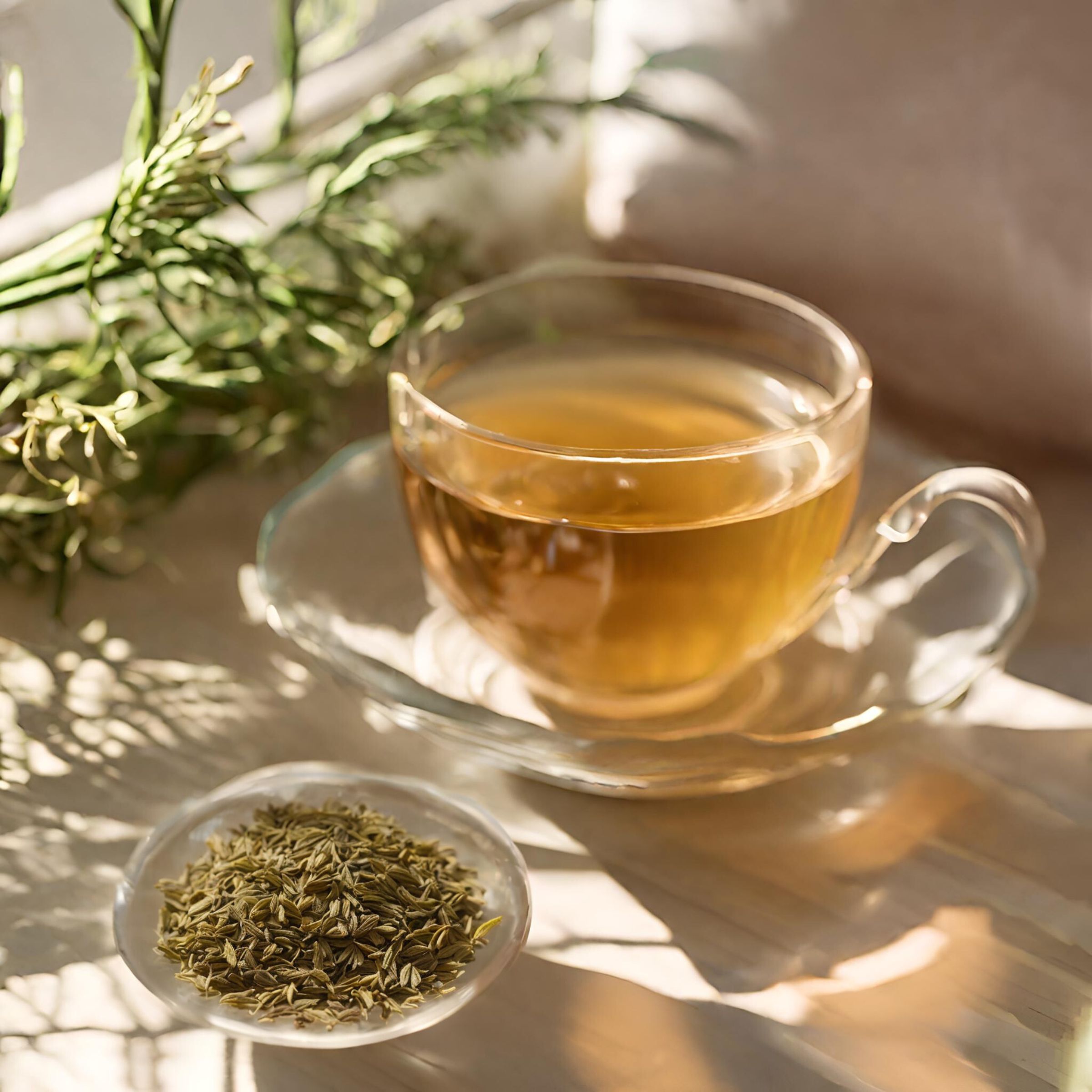 Glas-Teetasse mit Untertasse, gefüllt mit gelblichem Getränk. Kleiner Teller mit losen Samen daneben. Grüne Zweige im Hintergrund.