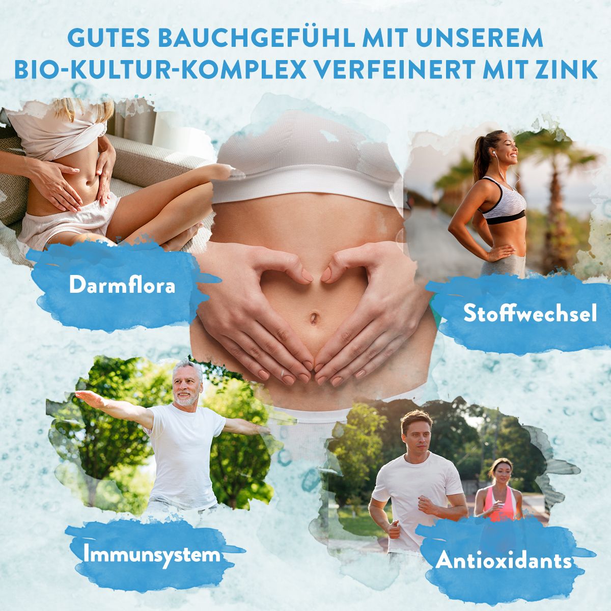 Bilder von Menschen, die sich um den Bauch kümmern. Darmflora, Stoffwechsel, Immunsystem, Antioxidantien.