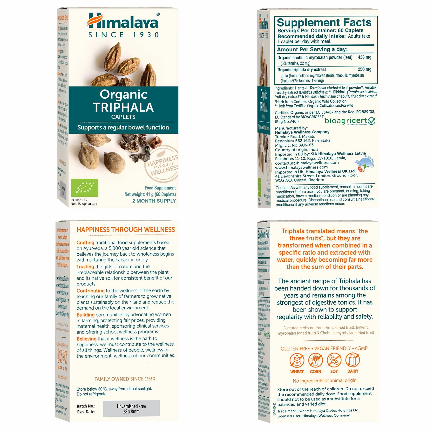 Himalaya Bio Triphala Caplets. Verpackung mit Produktinformationen, Inhaltsstoffen und Zertifizierungen. Rückseite mit Text.
