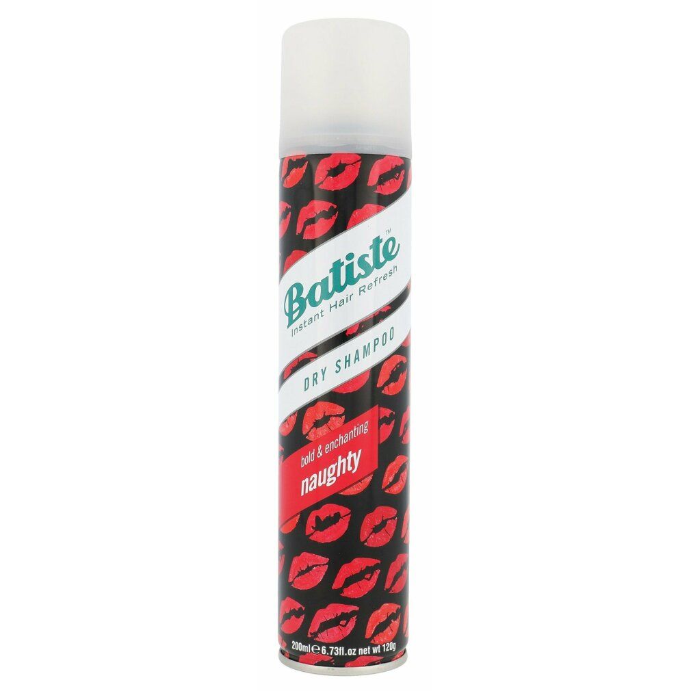 Batiste Trockenshampoo. Zylindrische Dose mit rotem Lippenmuster. Weißer Deckel. Schriftzug: Batiste, Dry Shampoo, Naughty.