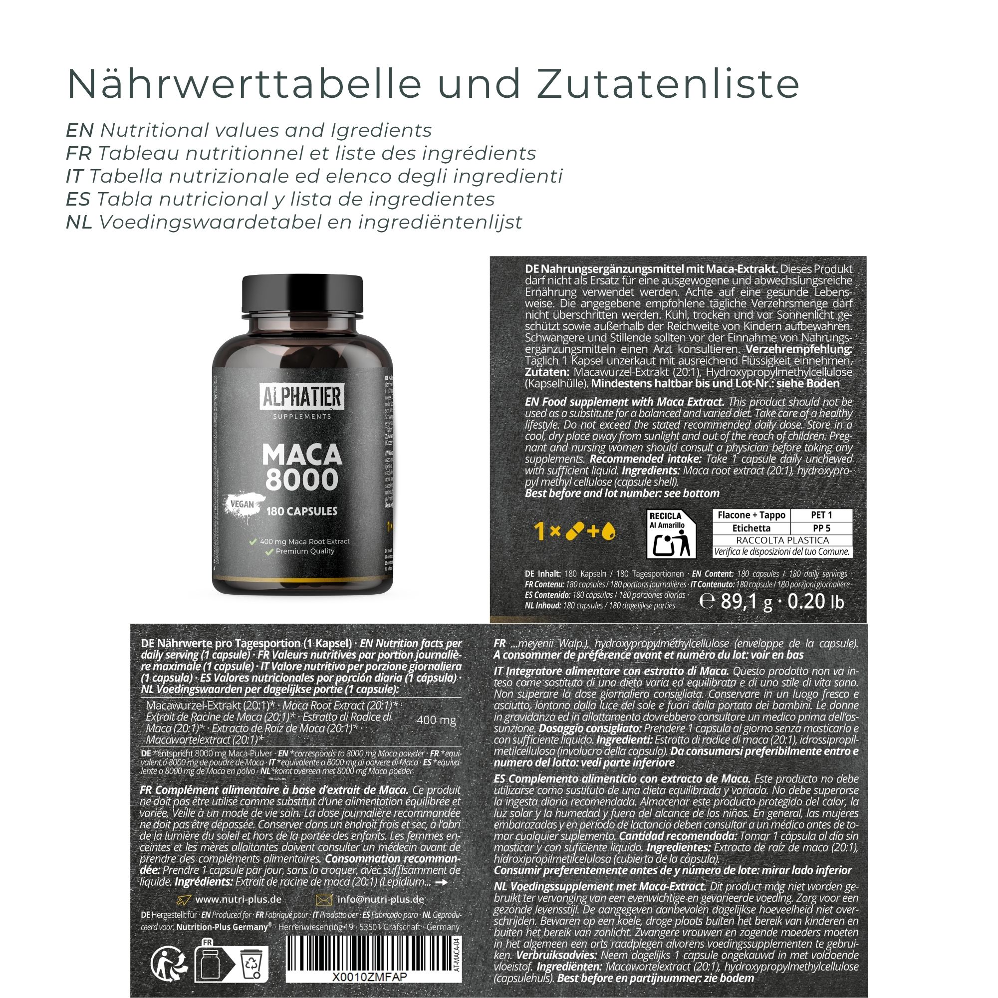 Schwarze Flasche Alphatier Maca 8000. Enthält 180 Kapseln. Vegan. Nährwerttabelle und Zutatenliste in Deutsch, Englisch, Französisch und Italienisch.