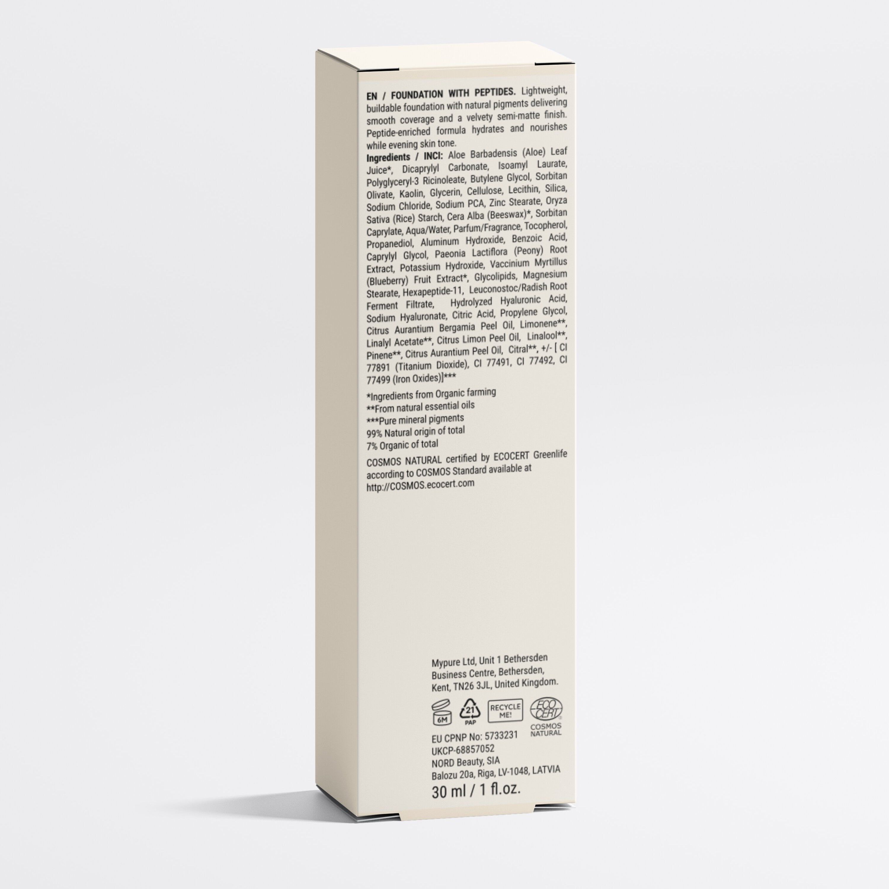 Foundation mit Peptiden, 30 ml. Leichte Formel mit natürlichen Pigmenten für ein ebenmäßiges Finish. COSMOS NATURAL zertifiziert.
