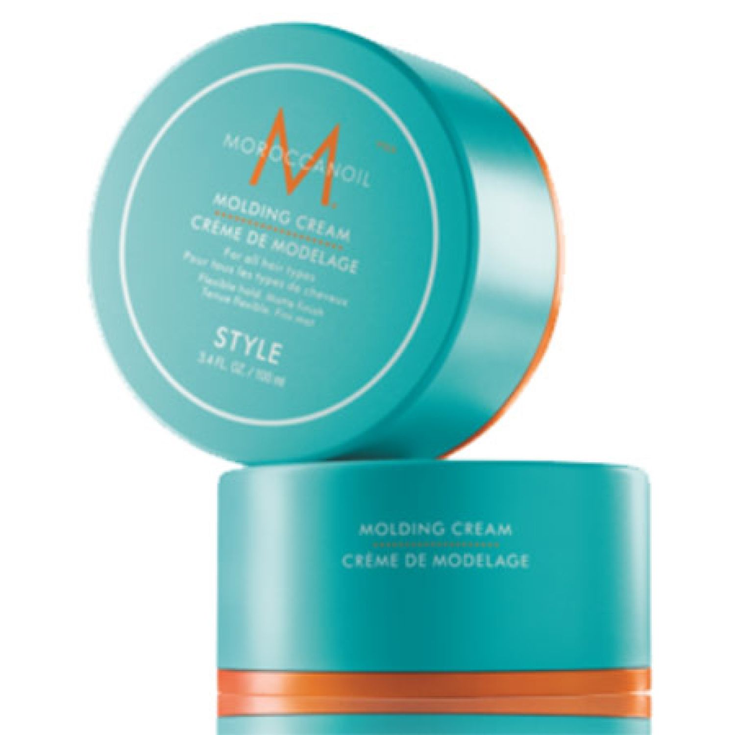Zwei türkisfarbene Dosen mit weißem Deckel. Aufschrift: Moroccanoil Molding Cream. Orangefarbener Rand. Text: Style, 3.4 fl. oz. / 100 ml.