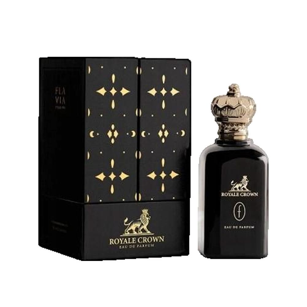 Schwarzer Flakon neben schwarzer Schachtel. Goldene Krone, Löwe. Aufschrift: Royale Crown, Eau de Parfum.