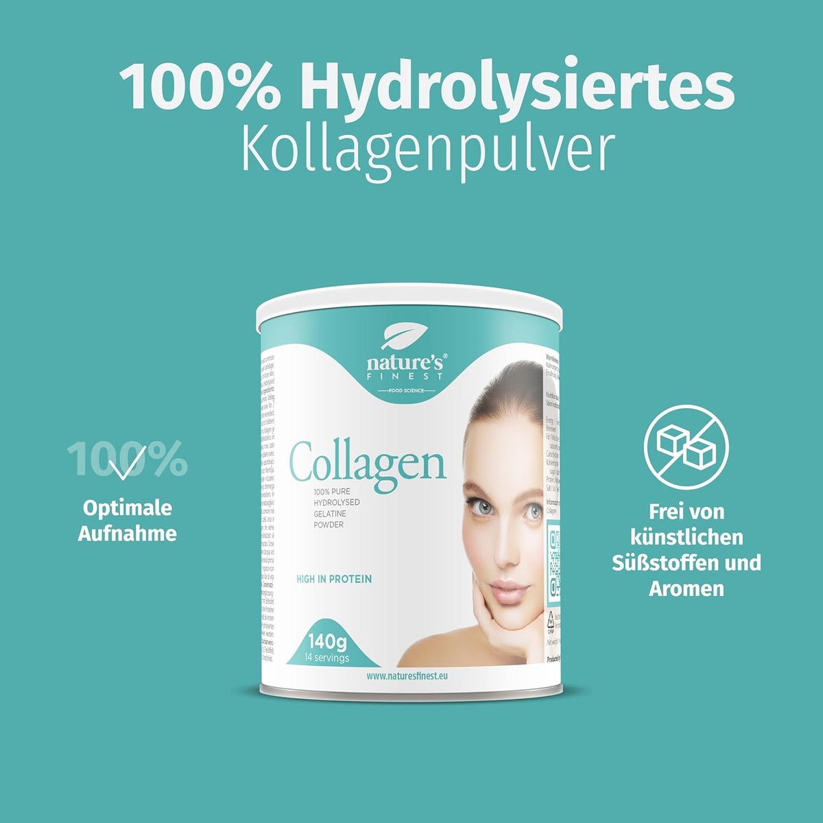 Zylinderdose mit türkisfarbenem Etikett. Aufschrift: Collagen, 100% hydrolysiertes Pulver, 140g. Text: Optimale Aufnahme, ohne Süßstoffe.