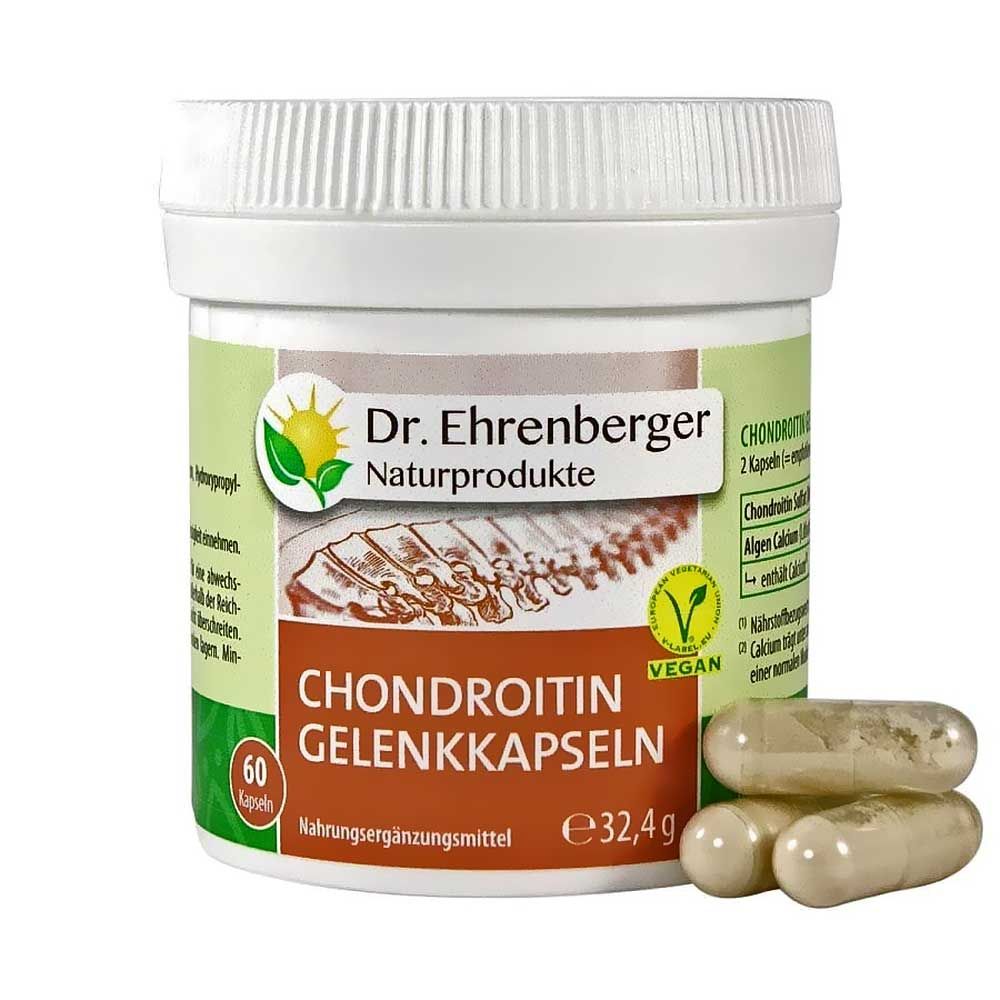 Weißes Kunststoff-Dose mit "Dr. Ehrenberger" und "Chondroitin Gelenk Kapseln" Aufschrift. Vegan-Siegel. Daneben 3 Kapseln.