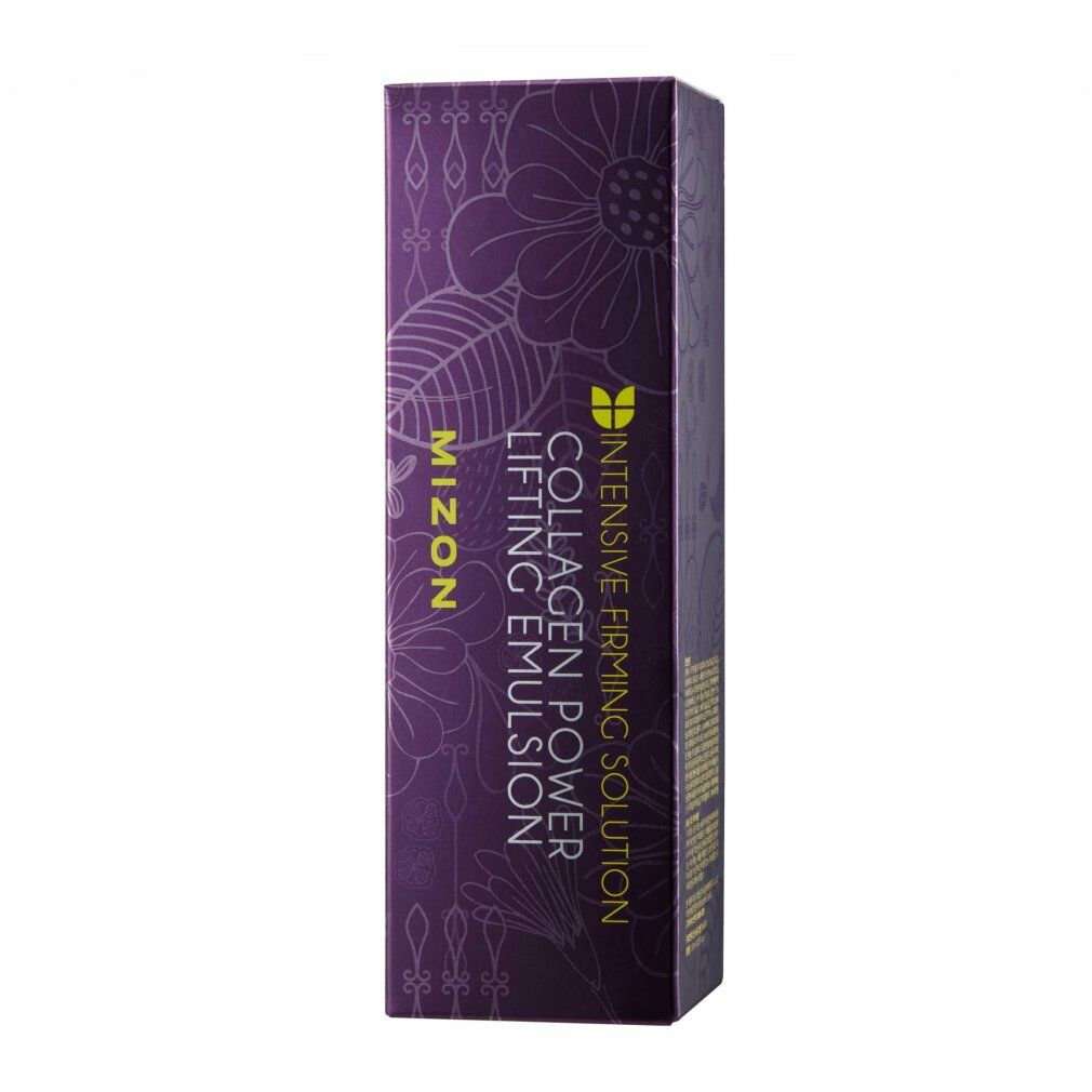 Lila Verpackung mit floralem Muster. Aufschrift: MIZON, Collagen Power Lifting Emulsion.