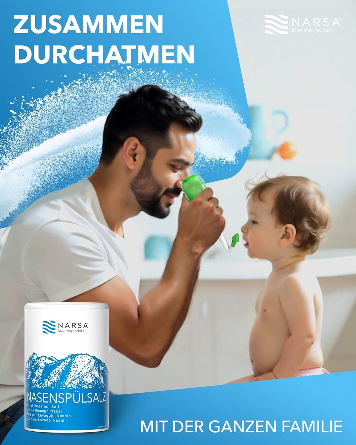 NARSA Nasenspülsalz Dose. Vater benutzt Nasenspülung bei Baby. Für die ganze Familie.