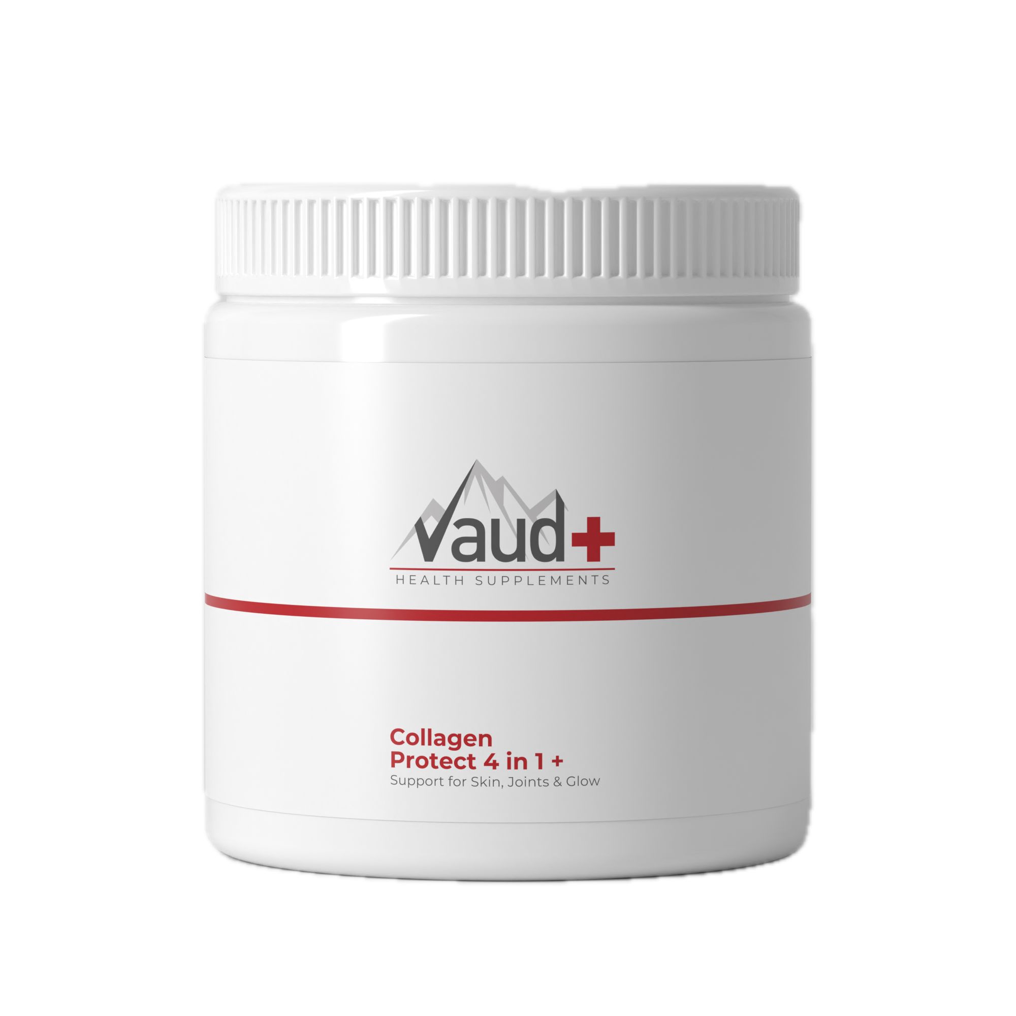 Weißes Produktbehälter mit rotem Streifen. Aufschrift: Vaud+, Collagen Protect 4 in 1. Deckel mit Rillen.